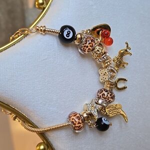 Gold Bling Charm Bracelet with Equestrian Cowgirl Leopard & Luck Accents New